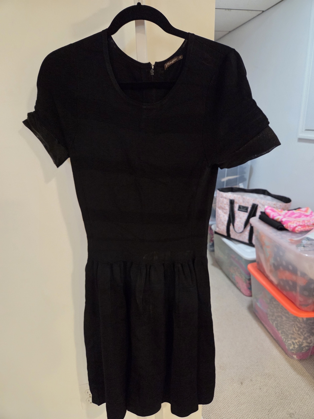 Elegant Black Short-Sleeve Gathered-Waist Dress